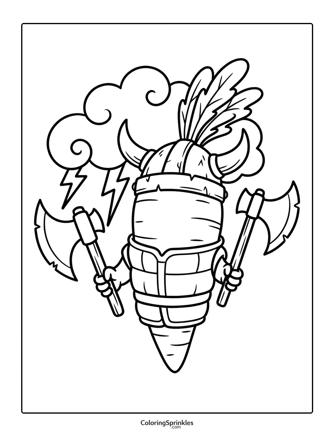 Coloring page of a Viking carrot warrior holding axes with lightning in the background