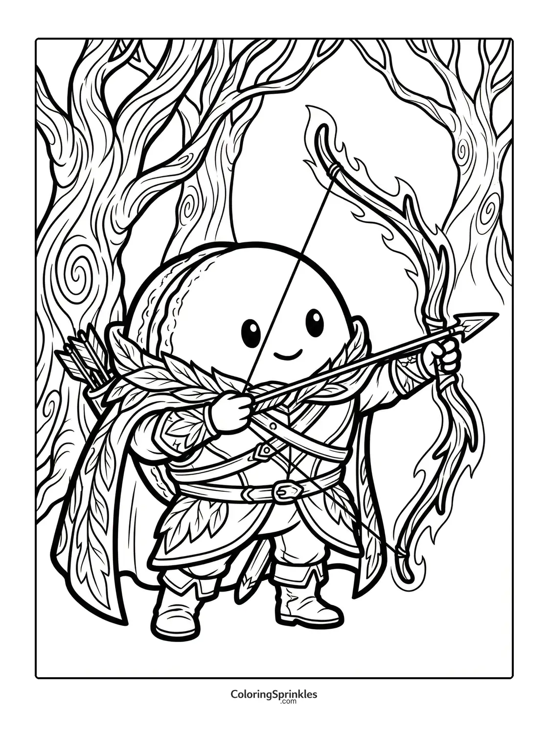 Coloring page of a cookie character dressed as an archer in a forest