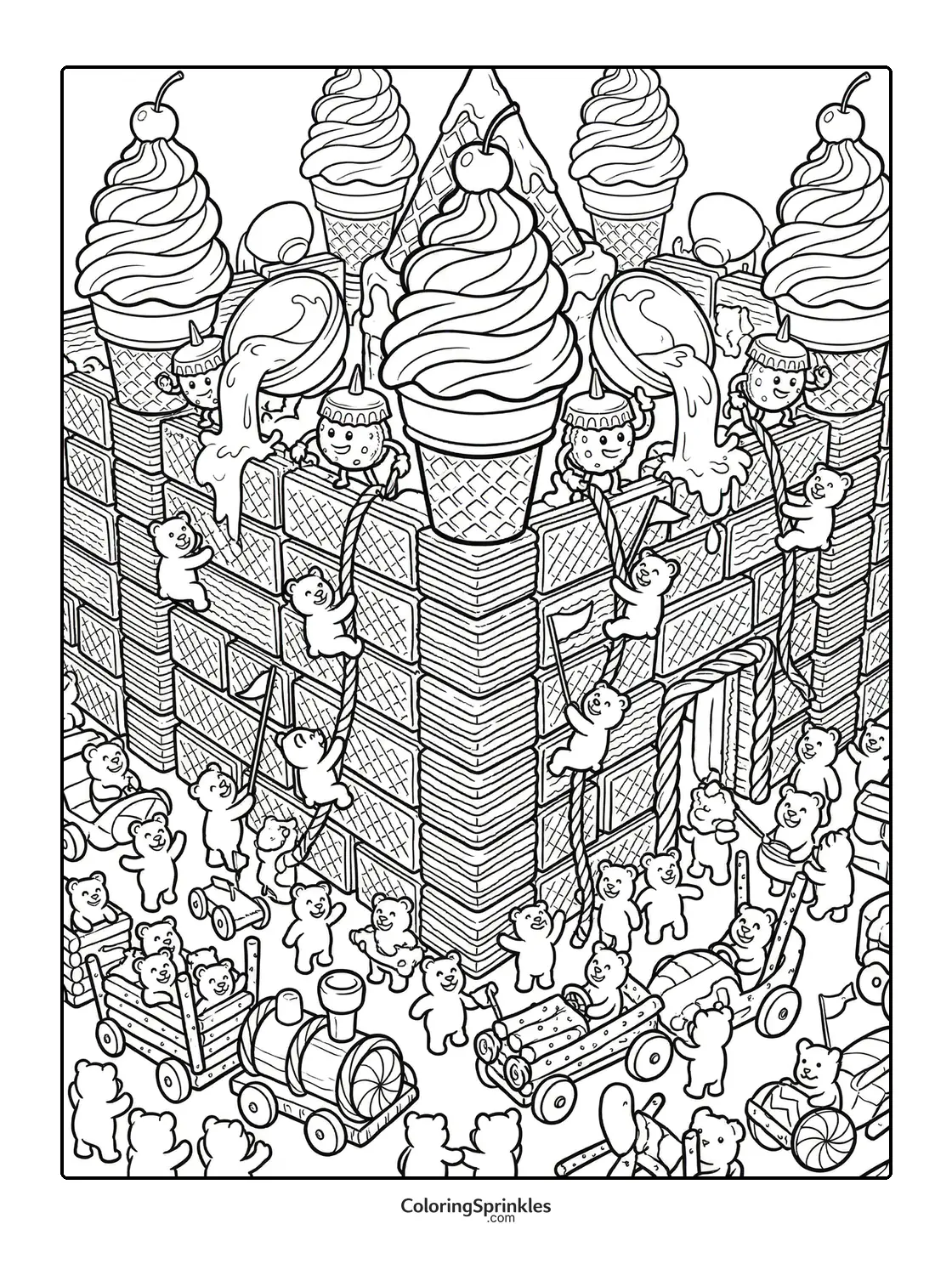 Coloring page of a cookie fortress guarded by bears with ice cream cones on top