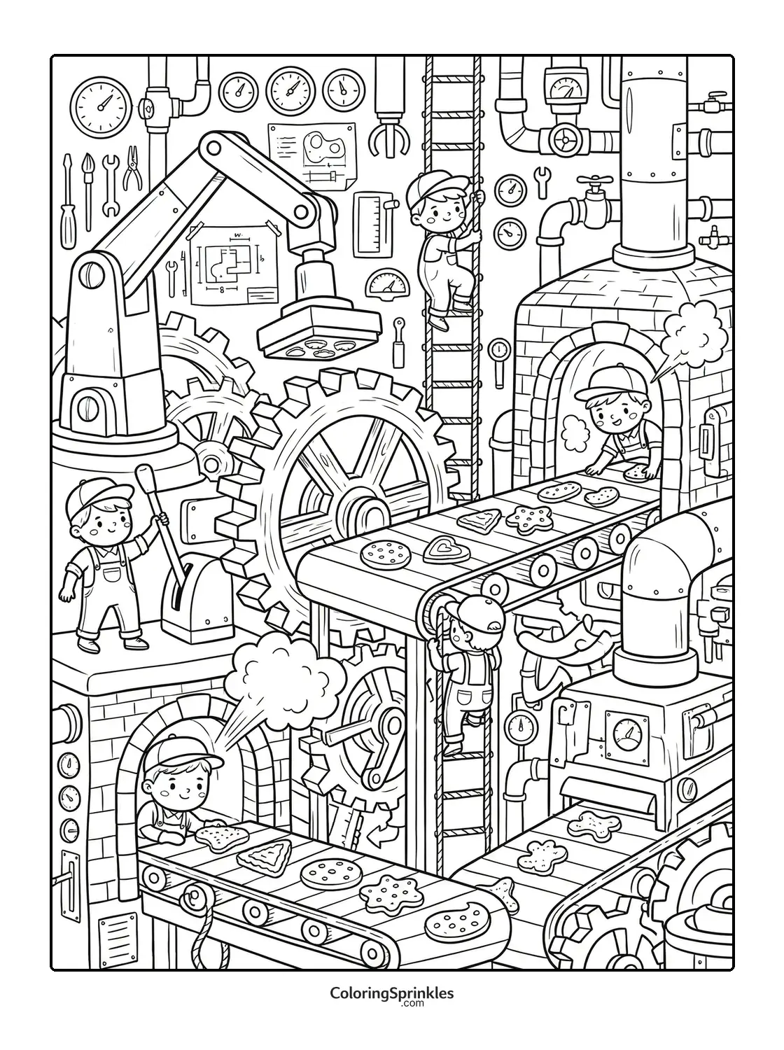 Coloring page of children working in a cookie factory with machinery and conveyor belts