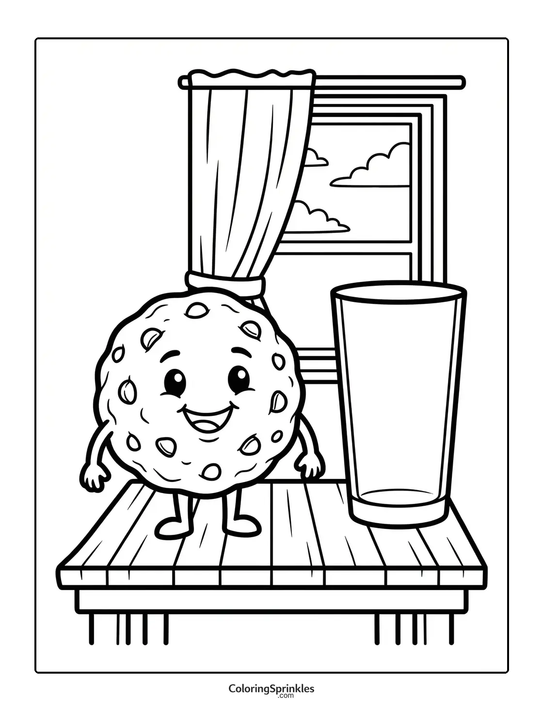 Coloring page of a happy cookie standing on a table next to a glass by a window