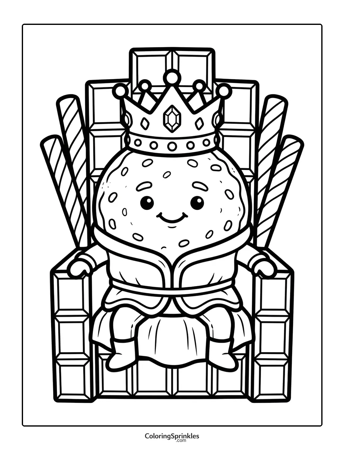 Coloring page of a cookie king sitting on a throne wearing a crown and robe