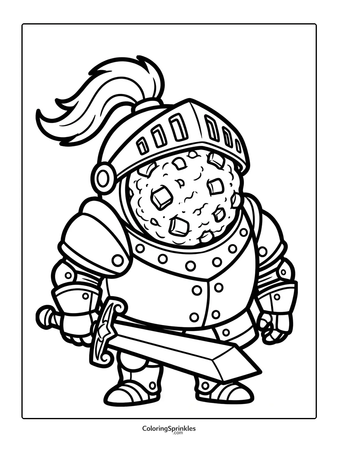 Coloring page of a cookie dressed as a knight in armor holding a sword