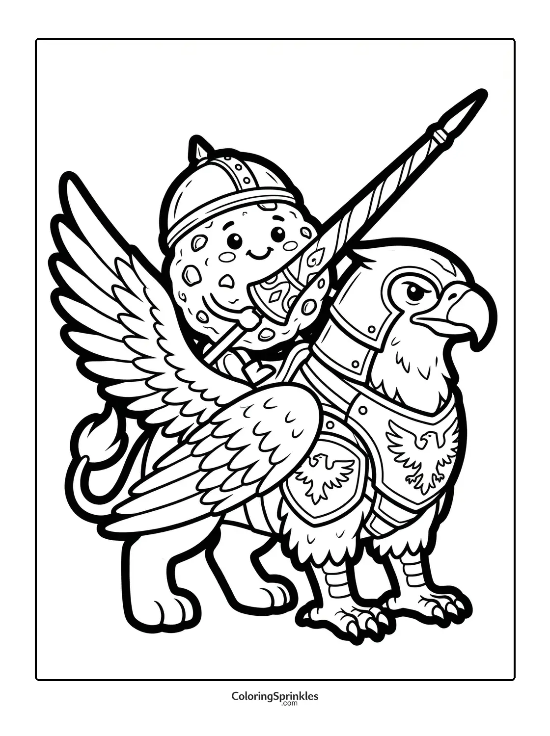 Coloring page of a cookie knight riding an armored griffin