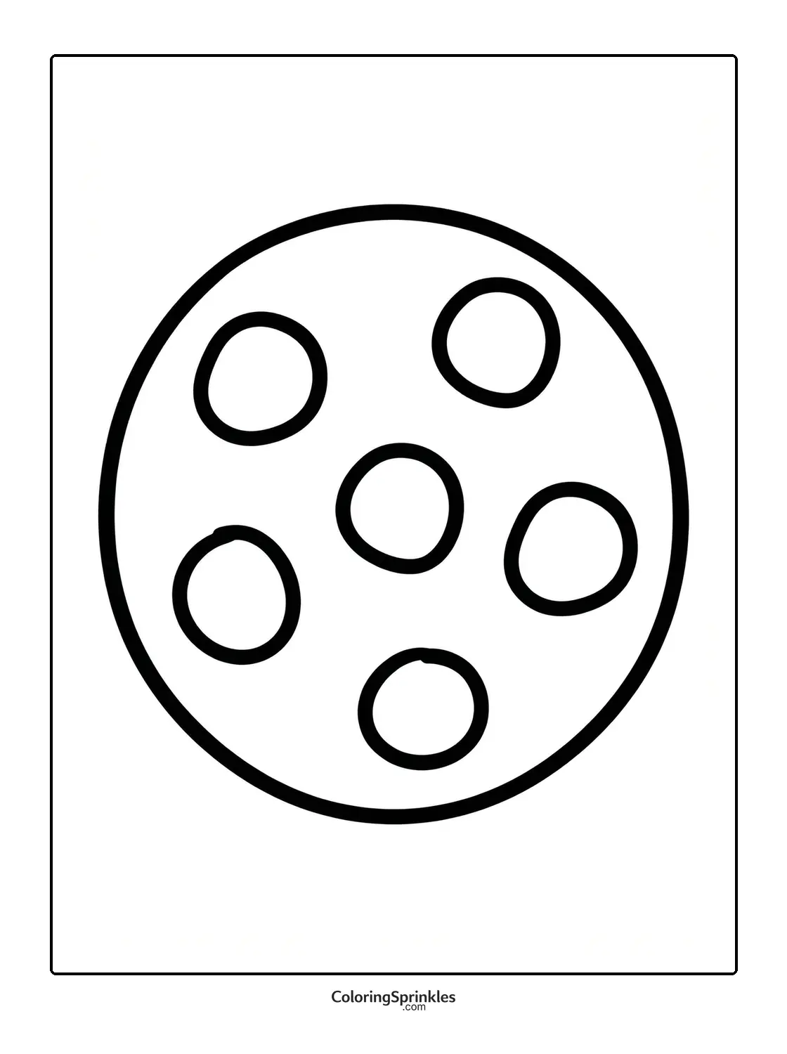 Coloring page of a simple round cookie with chocolate chips