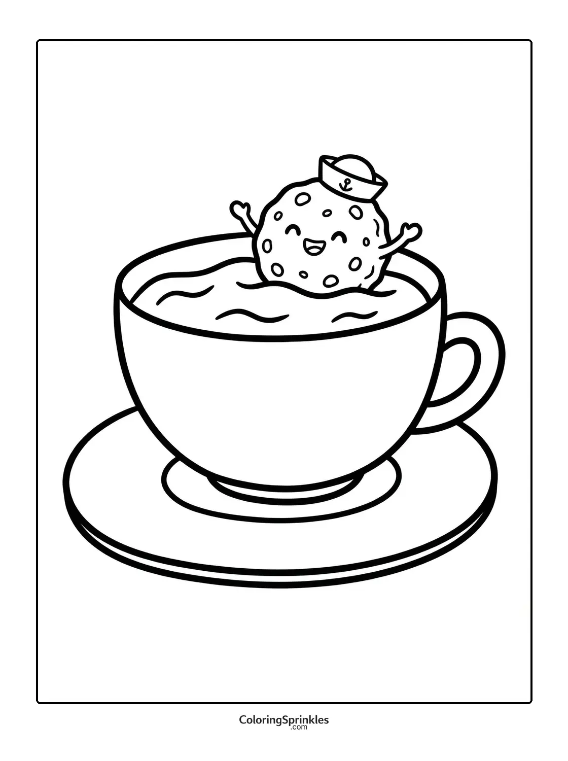Coloring page of a cookie wearing a sailor hat floating in a teacup