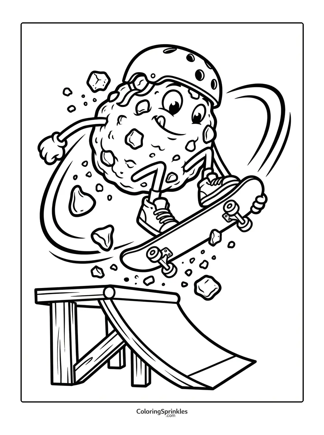 Coloring page of a cookie wearing a helmet skateboarding off a ramp