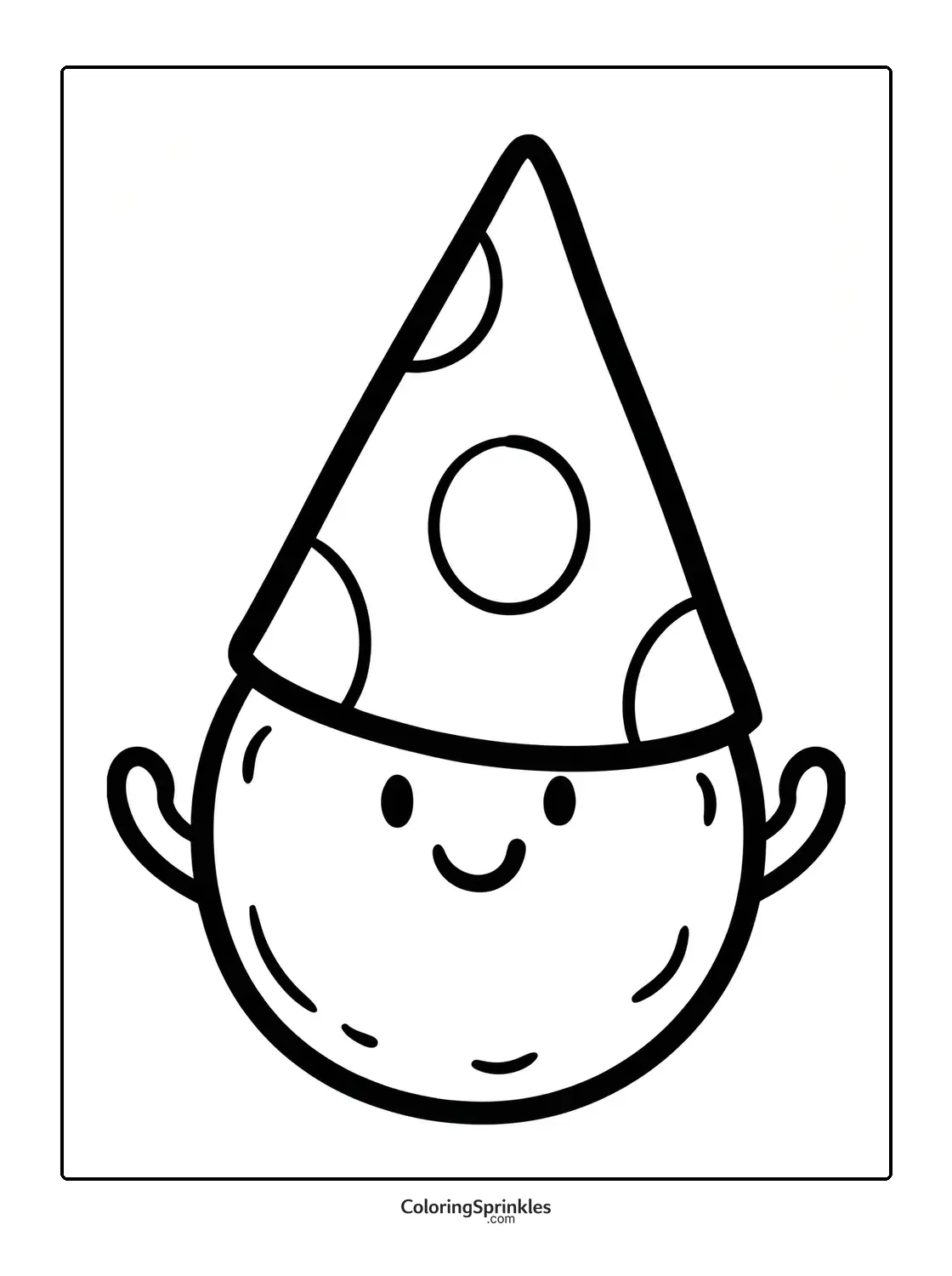 Coloring page of a smiling cookie wearing a party hat
