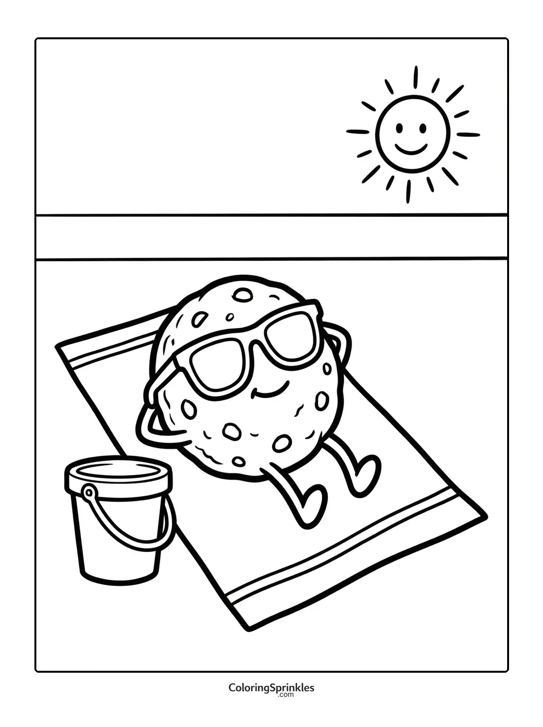 Coloring page of a cookie wearing sunglasses relaxing on a beach towel under the sun