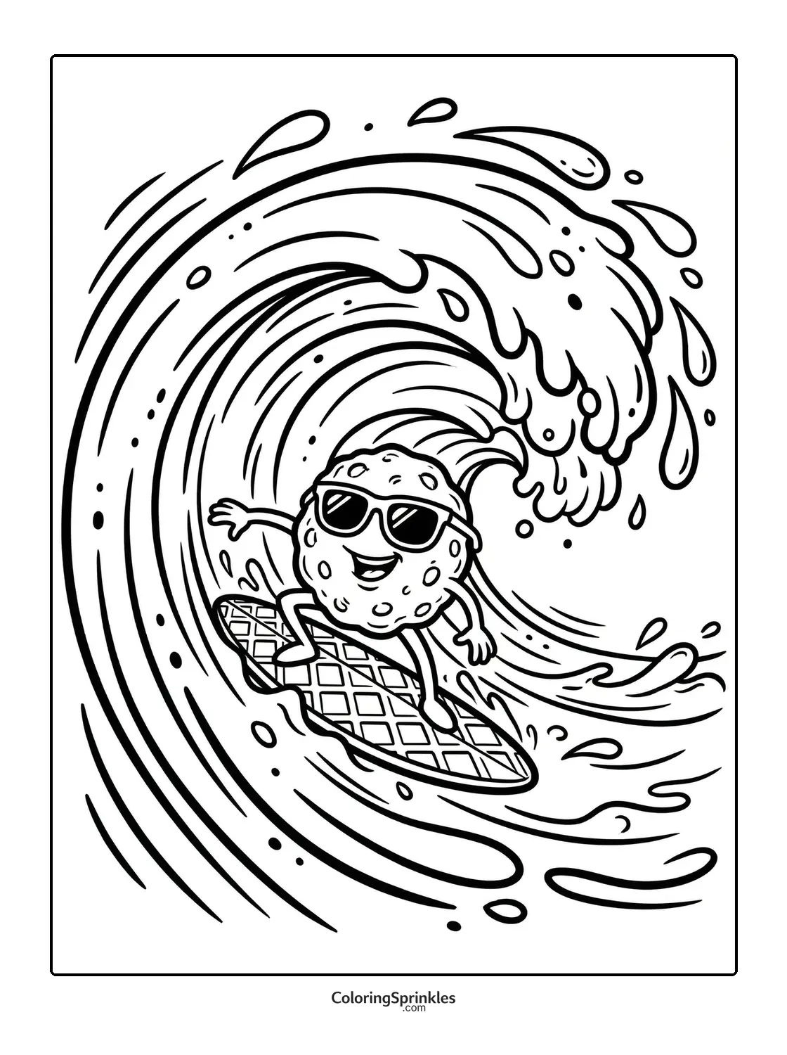 Coloring page of a cookie surfing a big wave wearing sunglasses