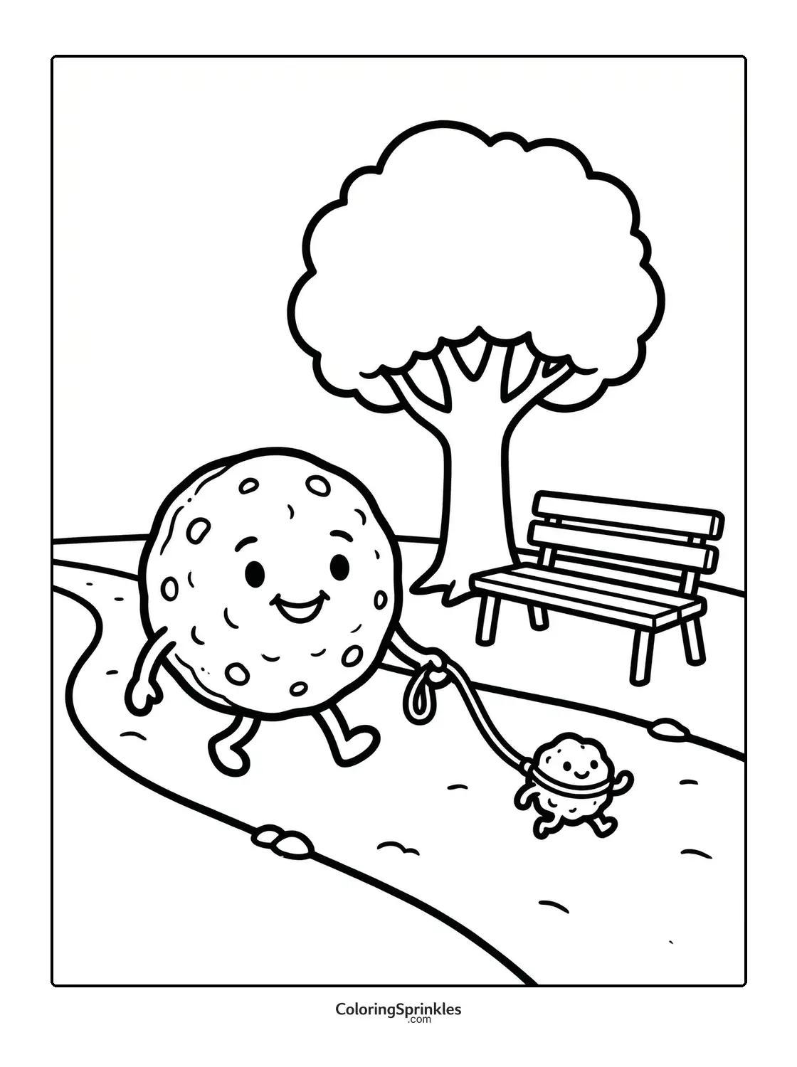 Coloring page of a cookie walking a smaller cookie on a leash in a park
