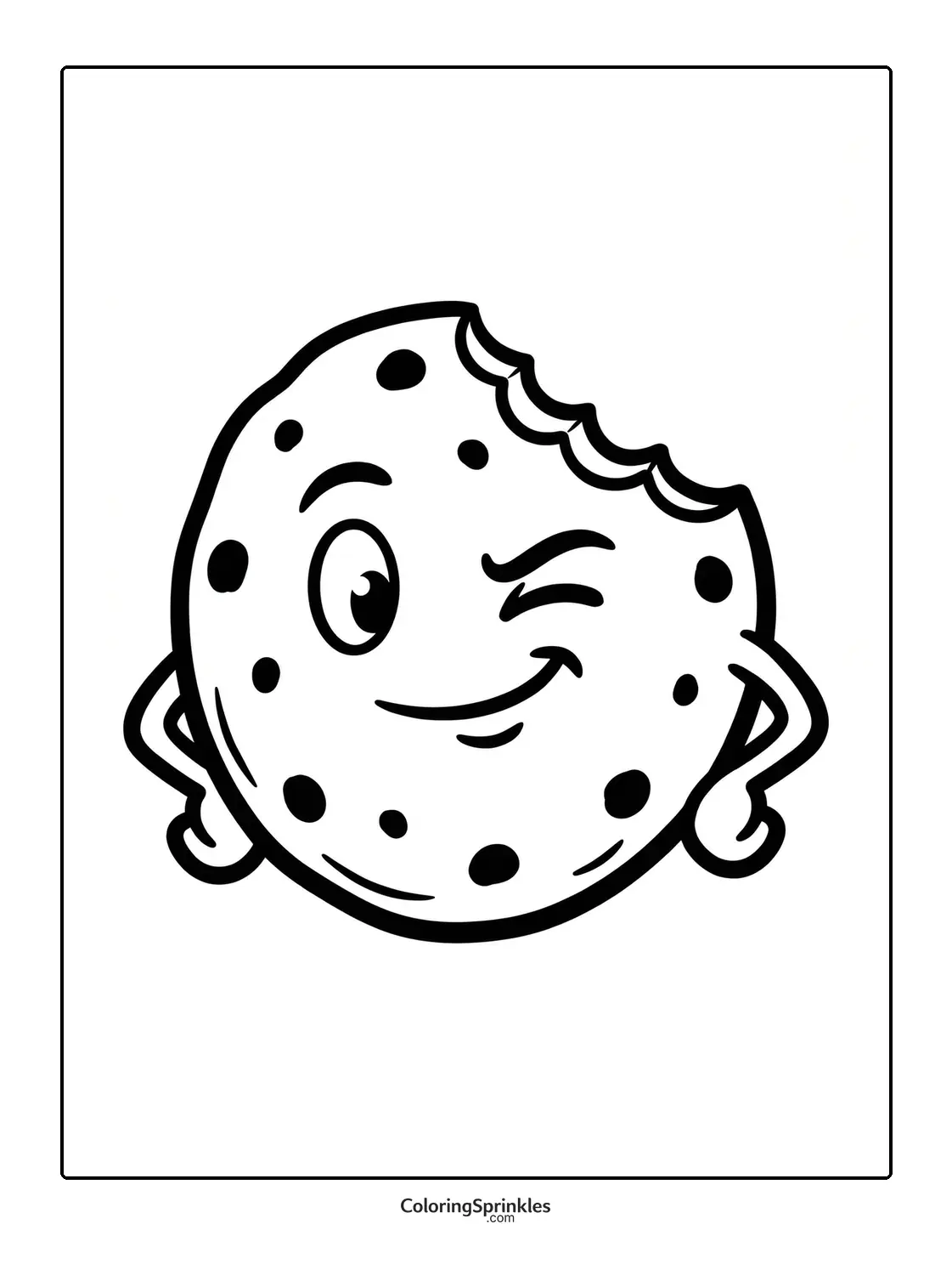 Coloring page of a winking cookie with a bite and hands on hips