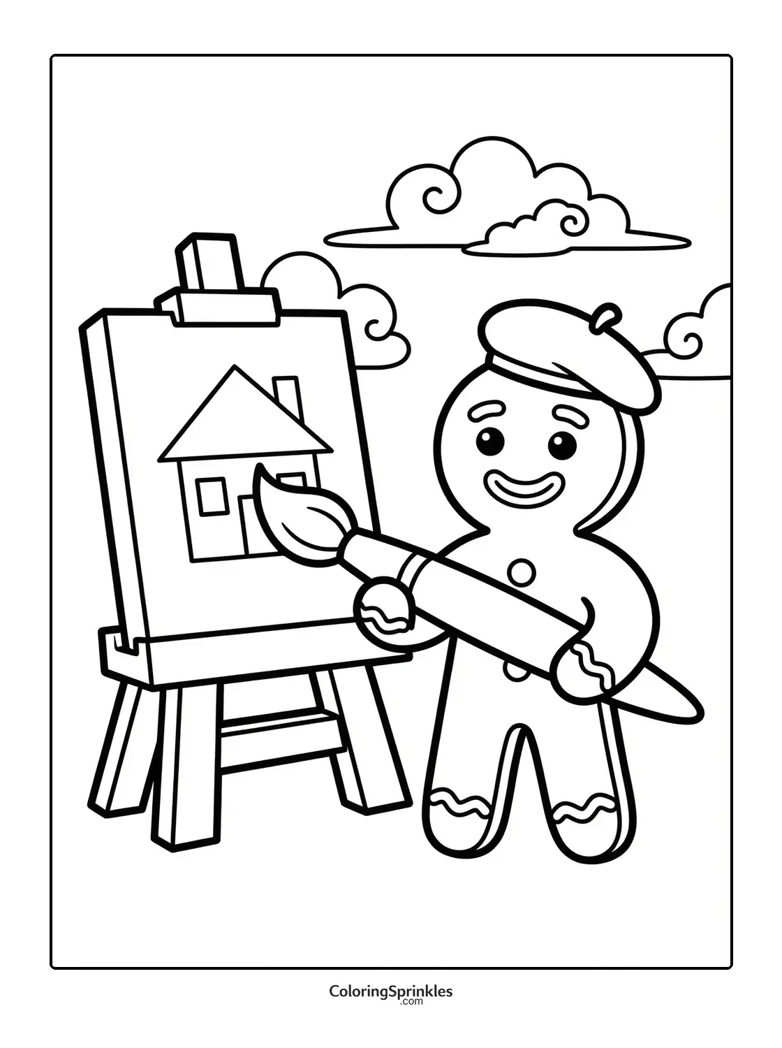 Coloring page of a gingerbread artist painting a house on an easel