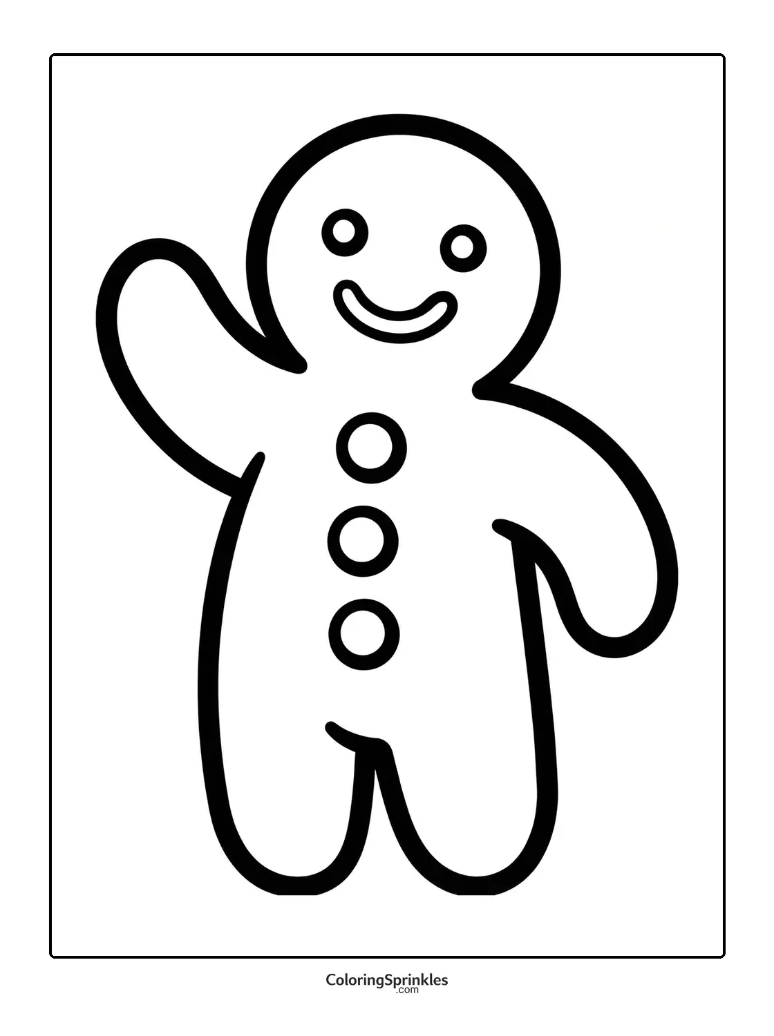 Coloring page of a smiling gingerbread man cookie waving