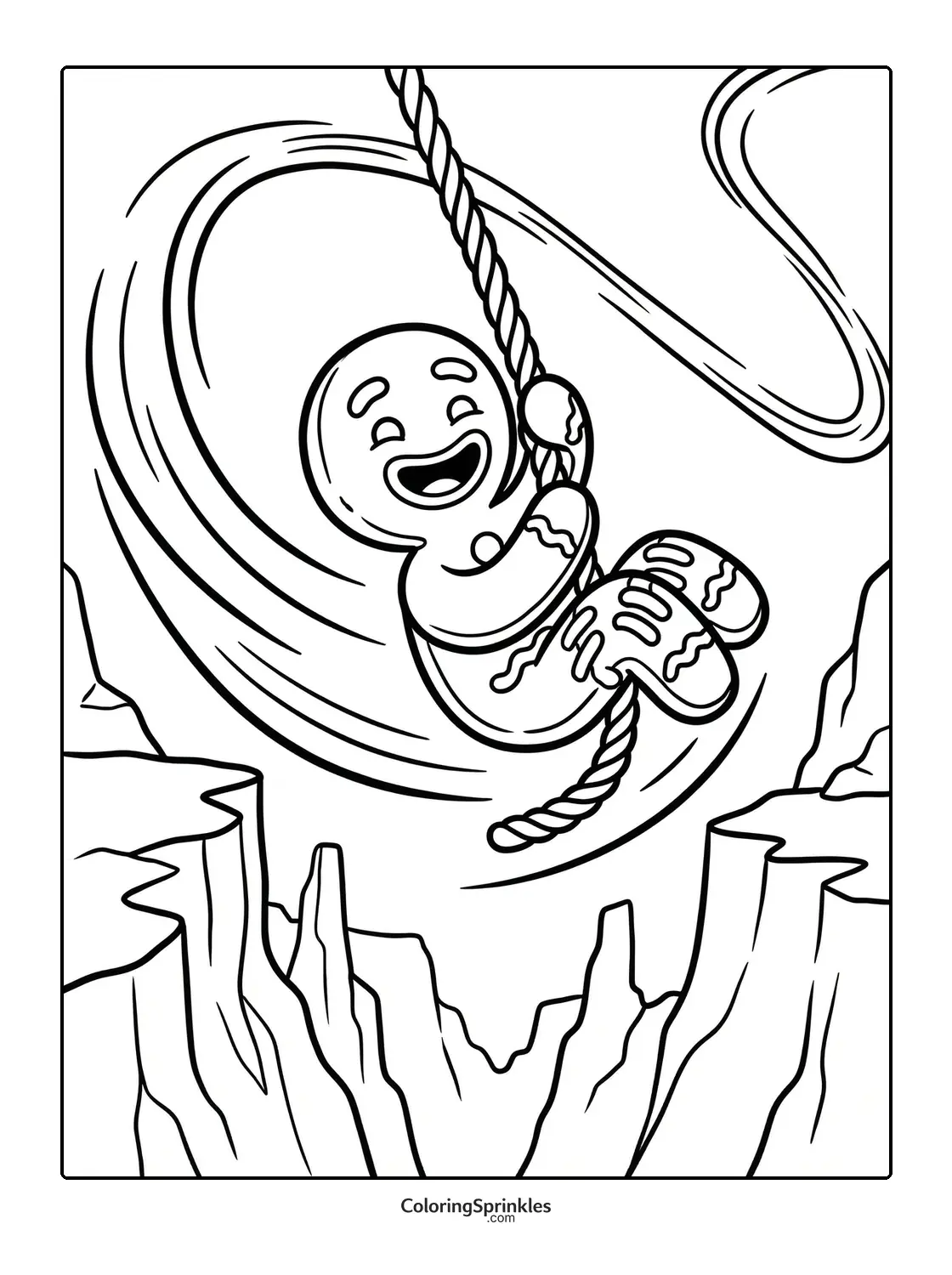 Coloring page of a gingerbread man swinging on a rope over a canyon