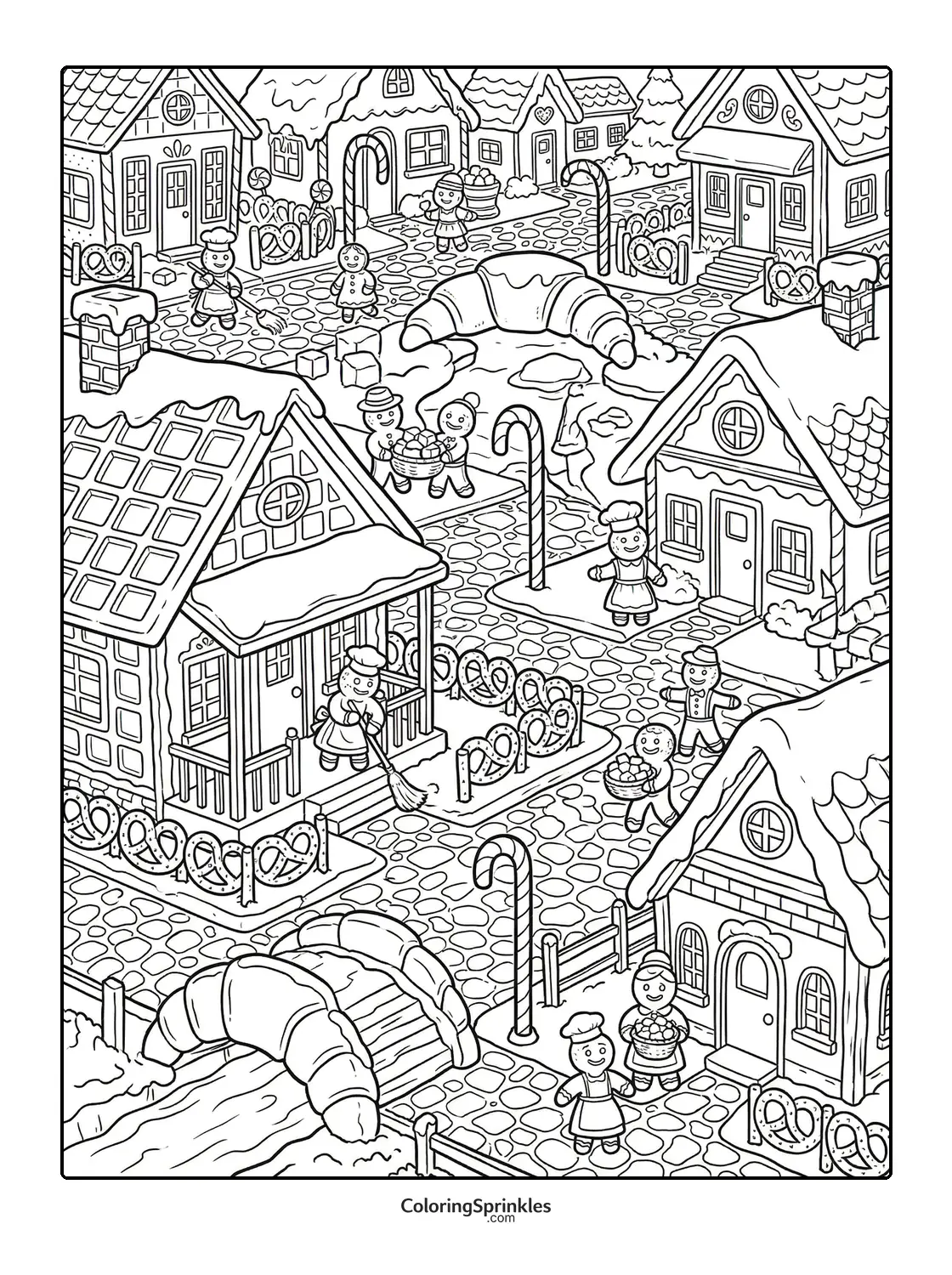 Coloring page of a gingerbread village with croissant bridge and candy cane street lamps