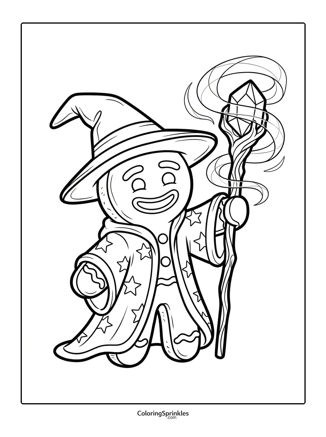 Coloring page of a gingerbread wizard holding a magical staff