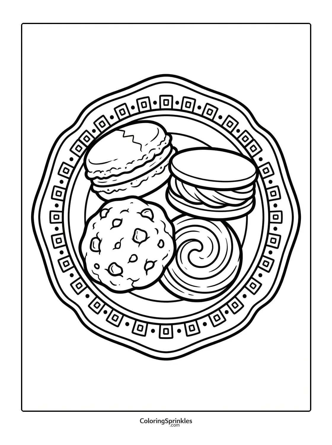 Coloring page of a plate with a variety of cookies and macarons