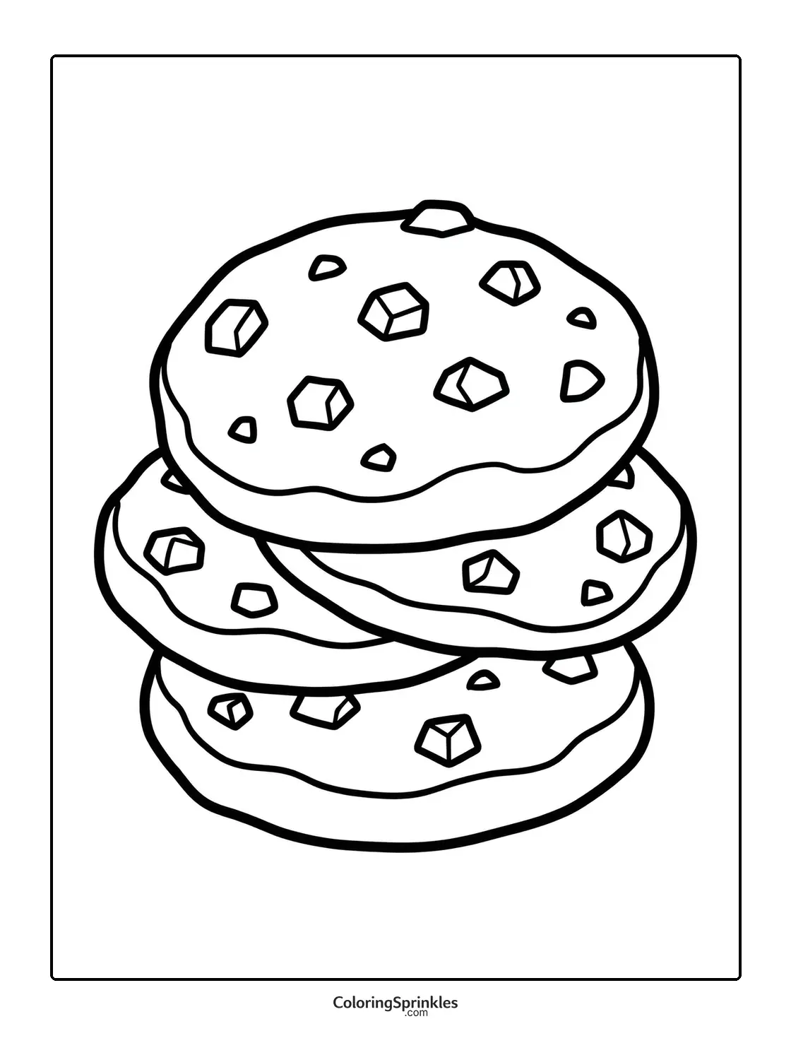Coloring page of a stack of chocolate chip cookies