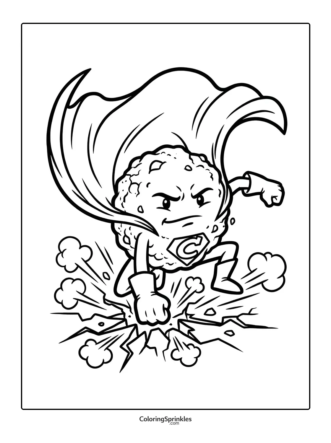 Coloring page of a superhero cookie punching the ground with a cape