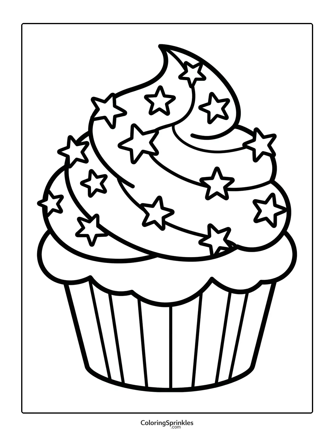 Coloring page of a cupcake with swirled frosting and star sprinkles
