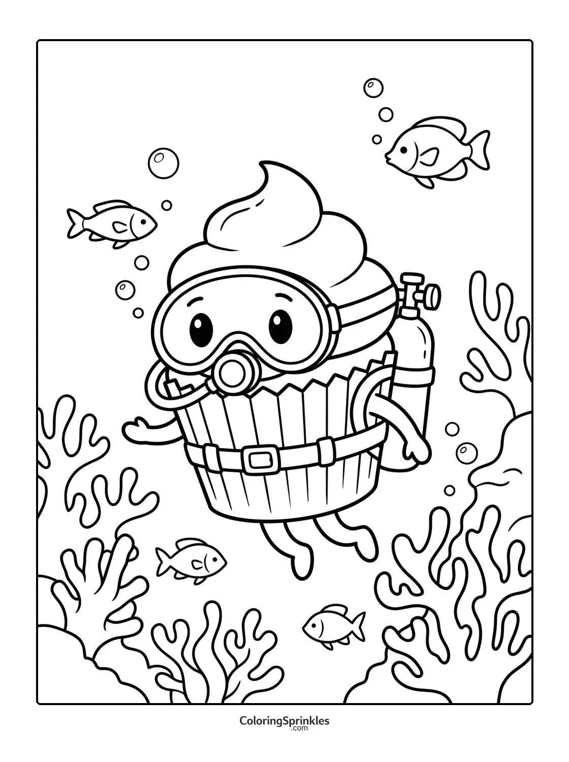 Coloring page of a cupcake scuba diver swimming among fish and coral reef