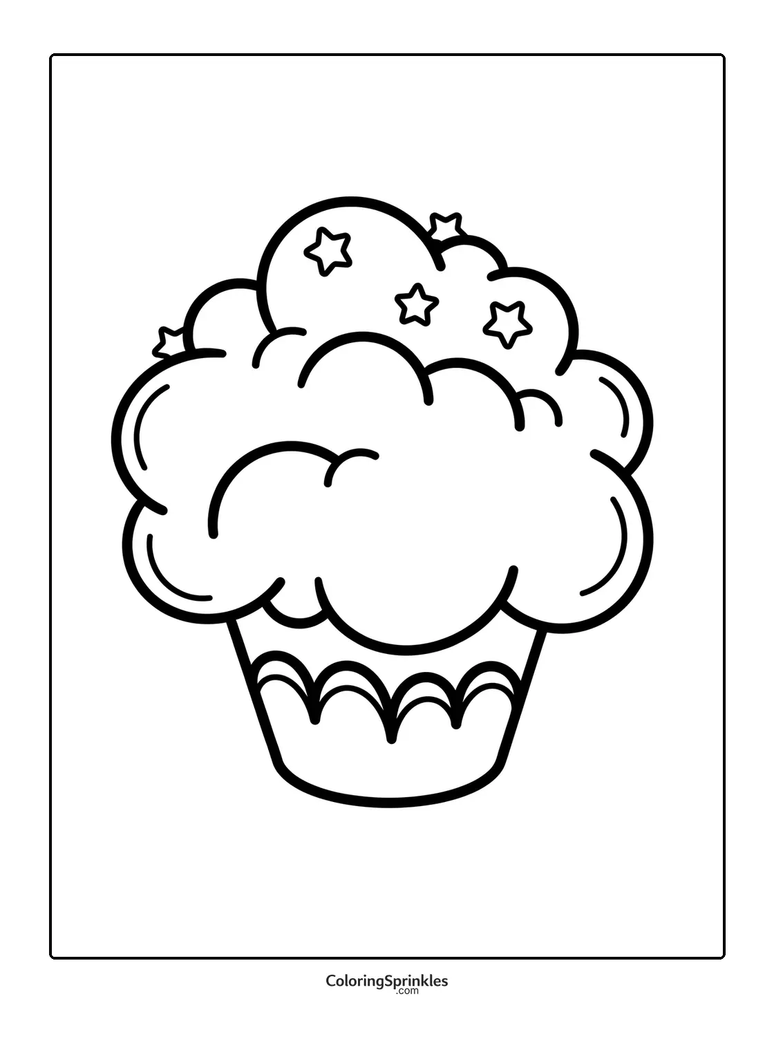 Coloring page of a cupcake with star decorations on frosting