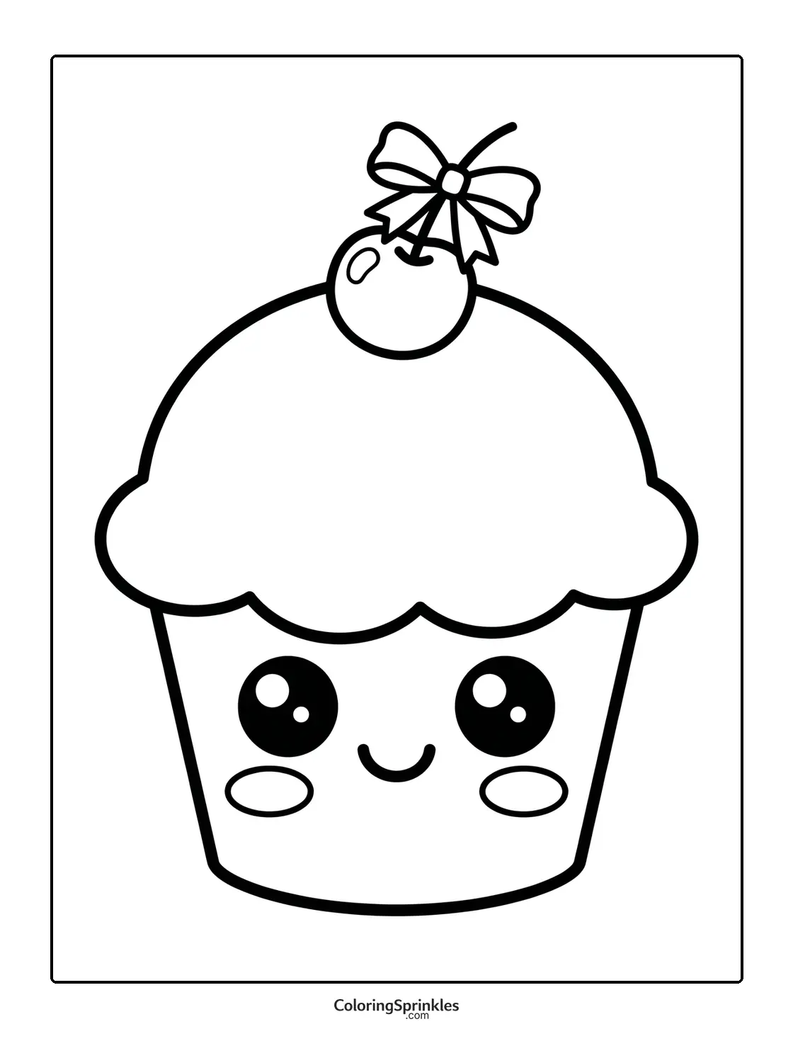 Coloring page of a cute cupcake with a cherry and bow smiling