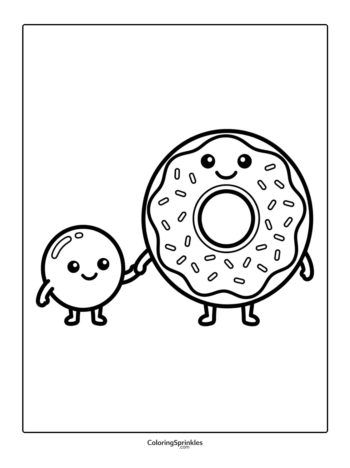 Coloring page of a donut and donut hole holding hands