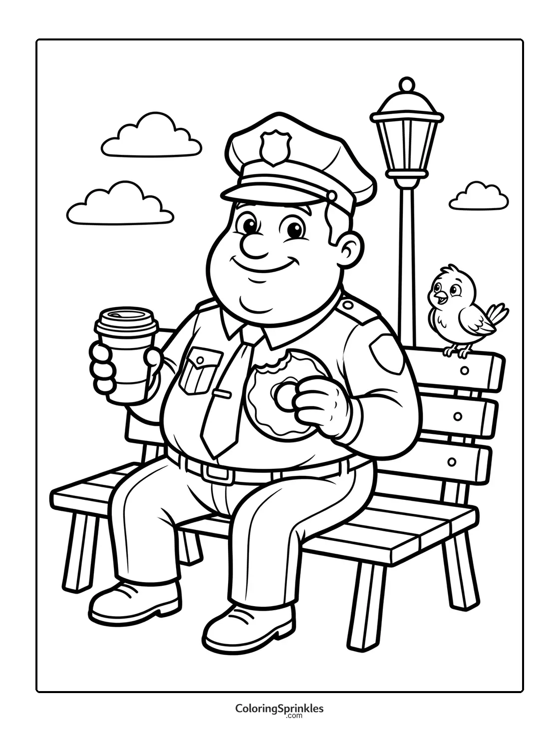 Coloring page of a police officer eating a donut and drinking coffee on a bench with a bird