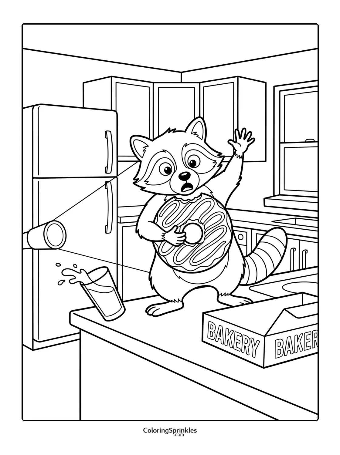 Coloring page of a raccoon holding a donut in a kitchen with spilled milk