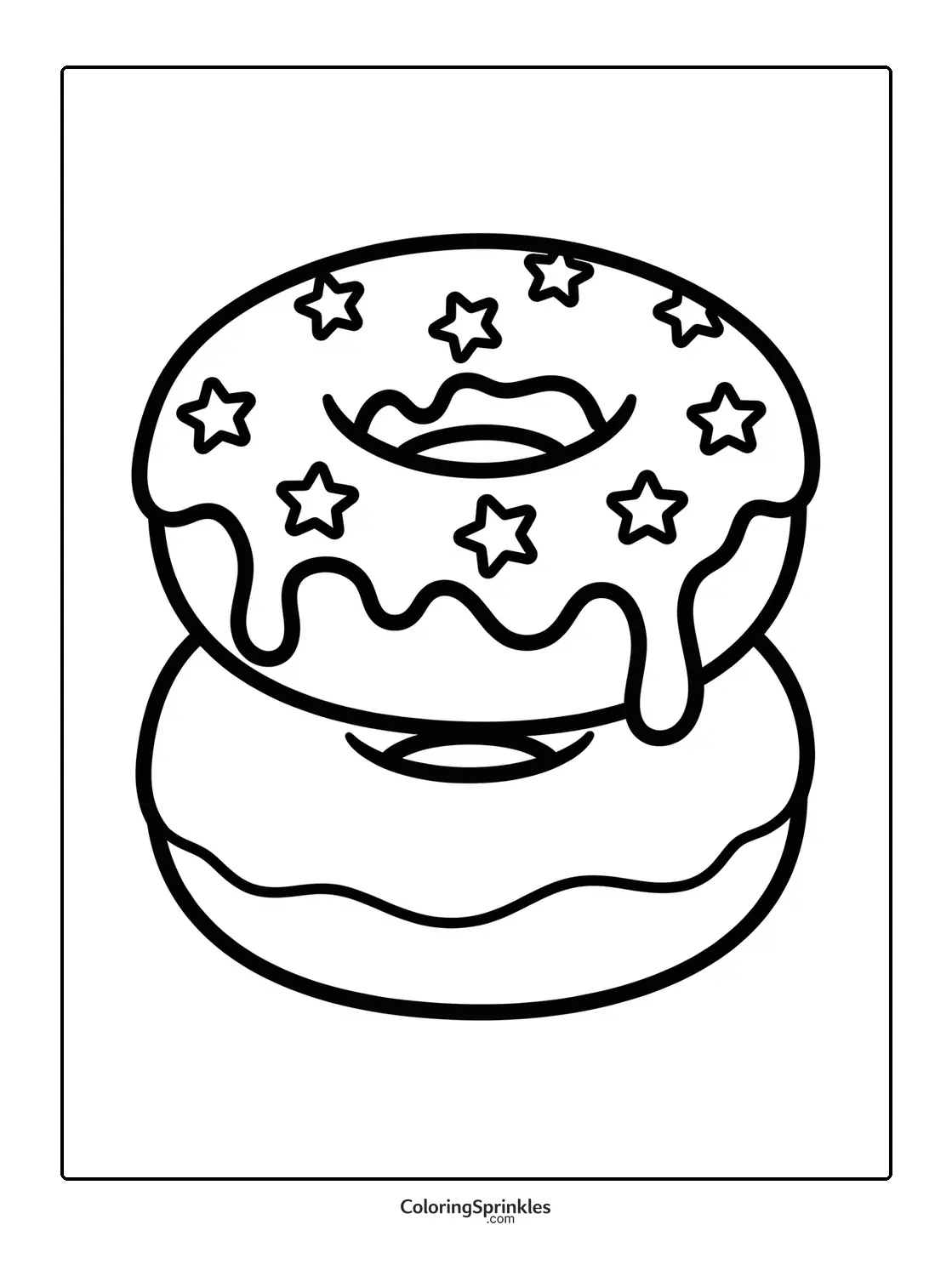 Coloring page of stacked donuts with star-shaped sprinkles