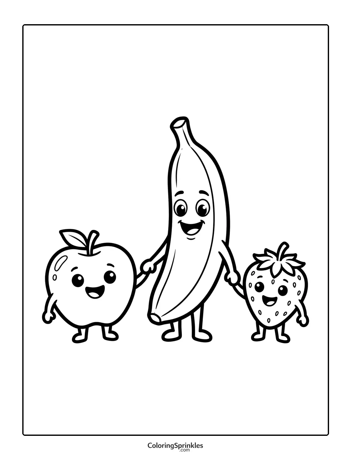 Coloring page of an apple, banana, and strawberry holding hands