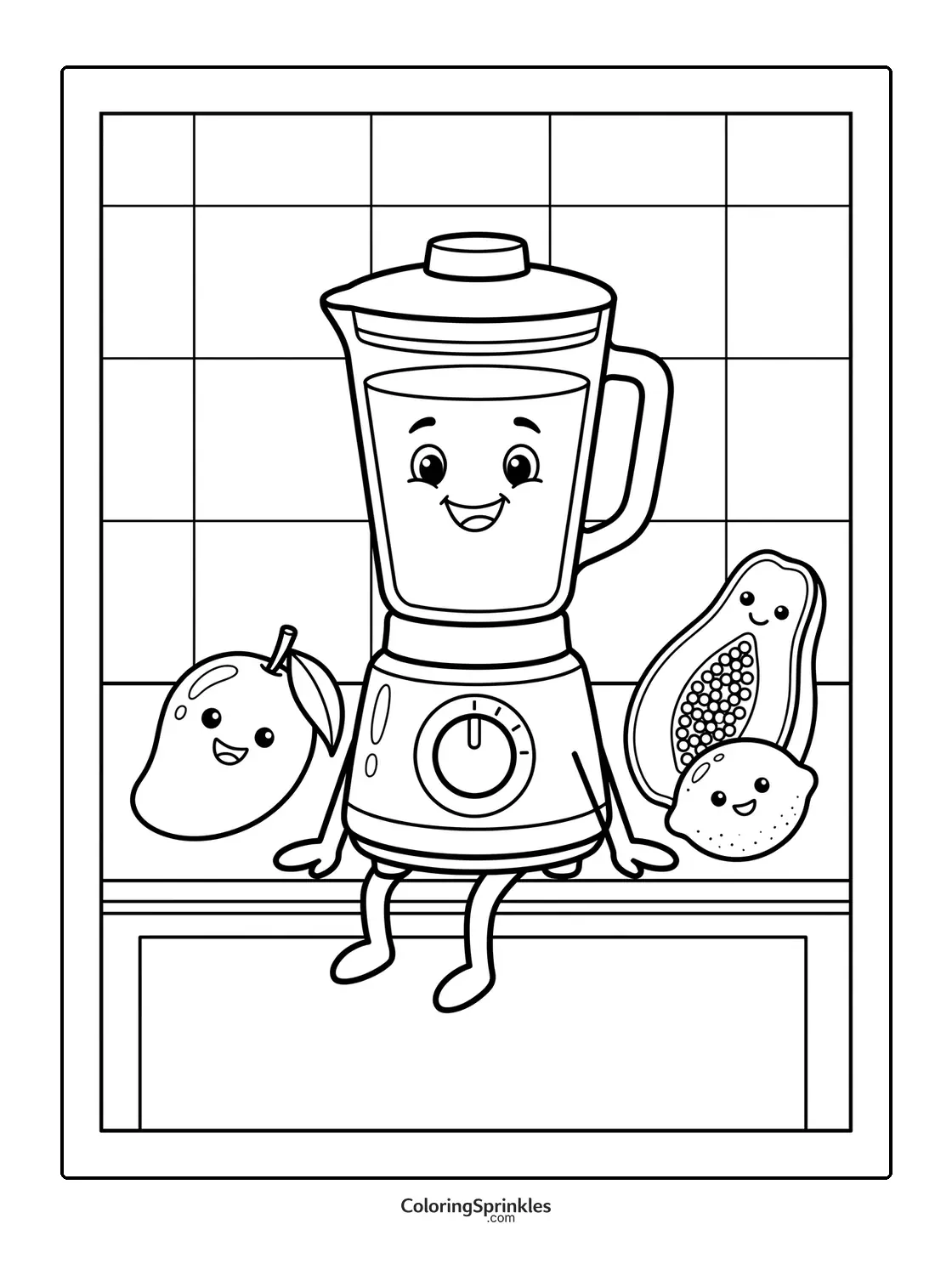 Coloring page of a happy blender with mango, papaya, and lemon in a kitchen