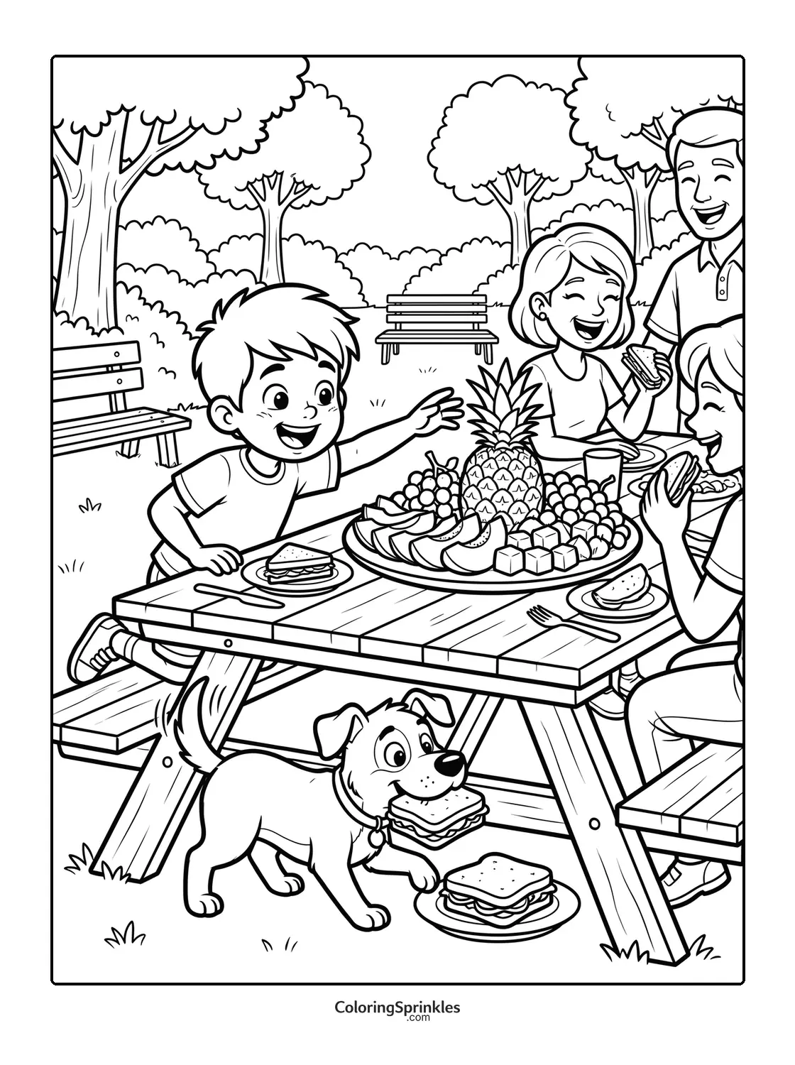 Coloring page of a family having a picnic with a large fruit plate and a dog carrying a sandwich