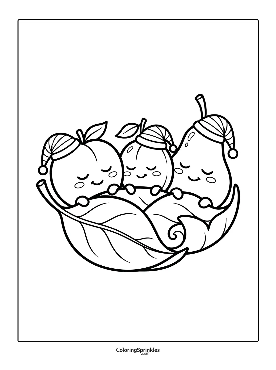 Coloring page of an apple, peach, and pear sleeping with hats in a leaf