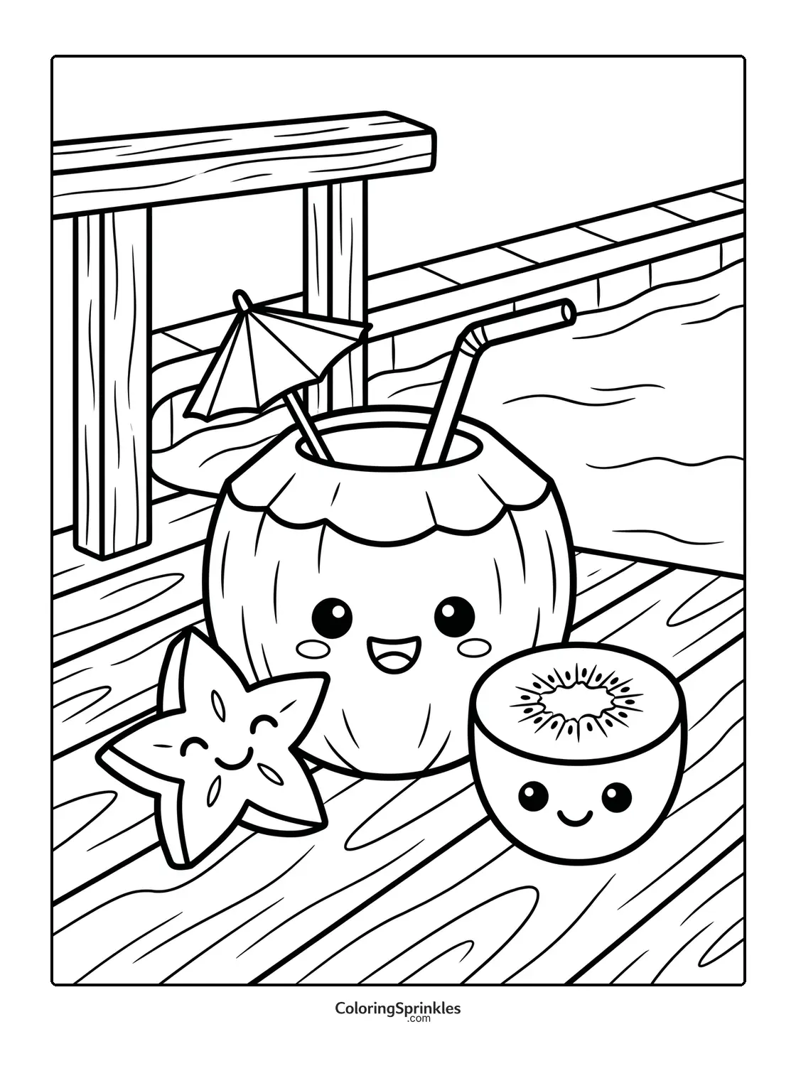 Coloring page of fruit drinks with a kiwi and starfruit by a poolside