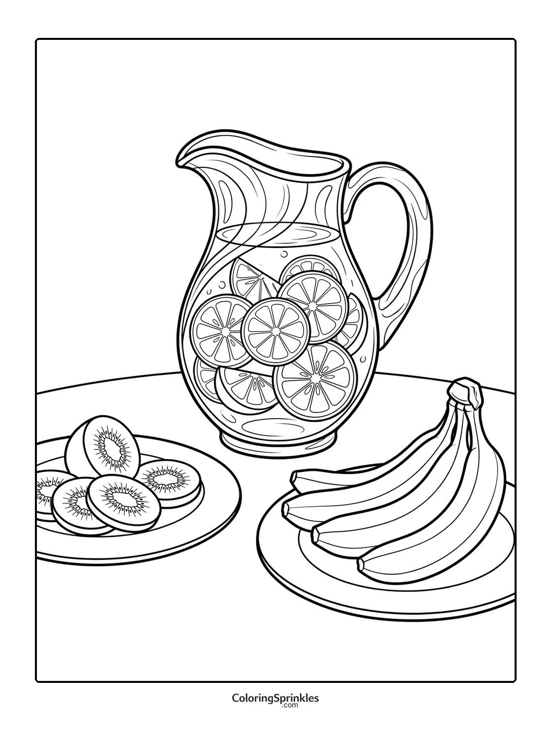 Coloring page of a pitcher with citrus slices and plates of kiwi and bananas