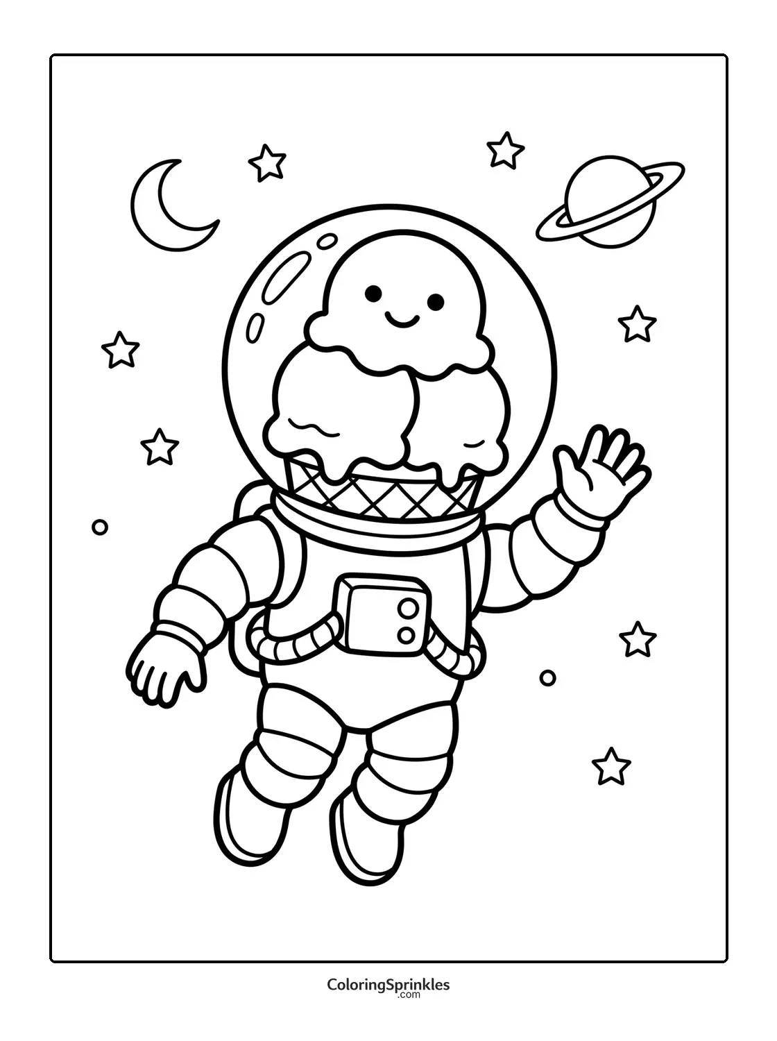 Coloring page of an astronaut with an ice cream head floating in space