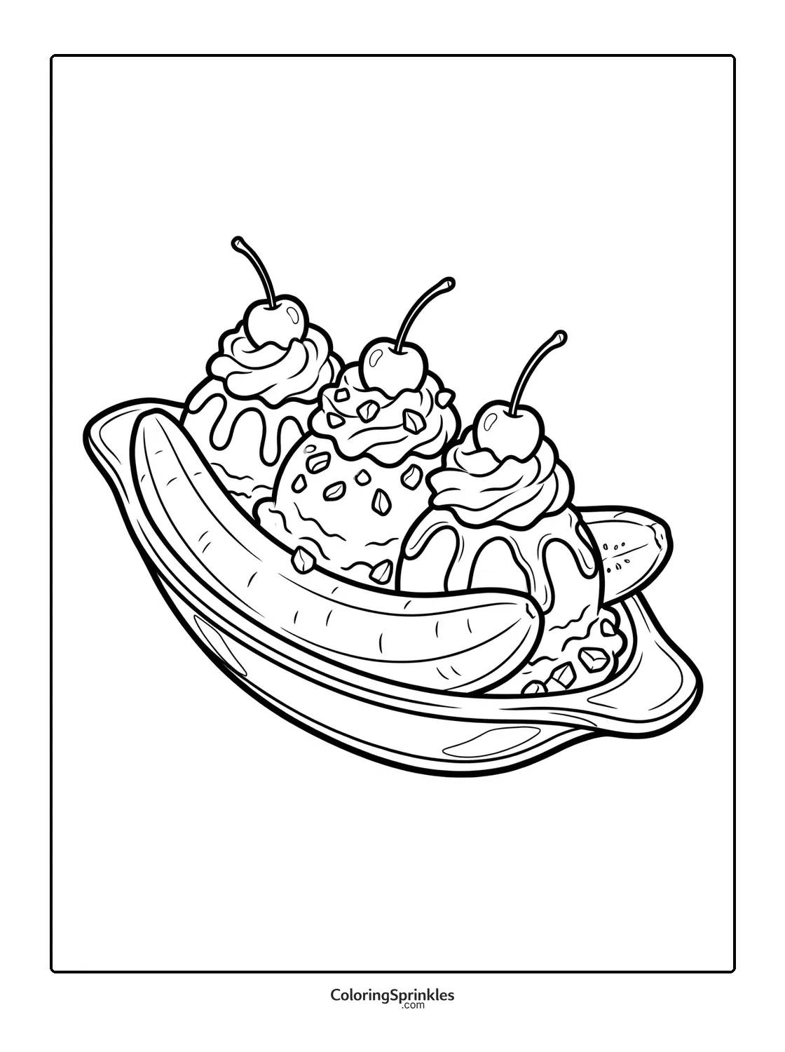 Coloring page of a banana split with three scoops of ice cream topped with cherries and whipped cream