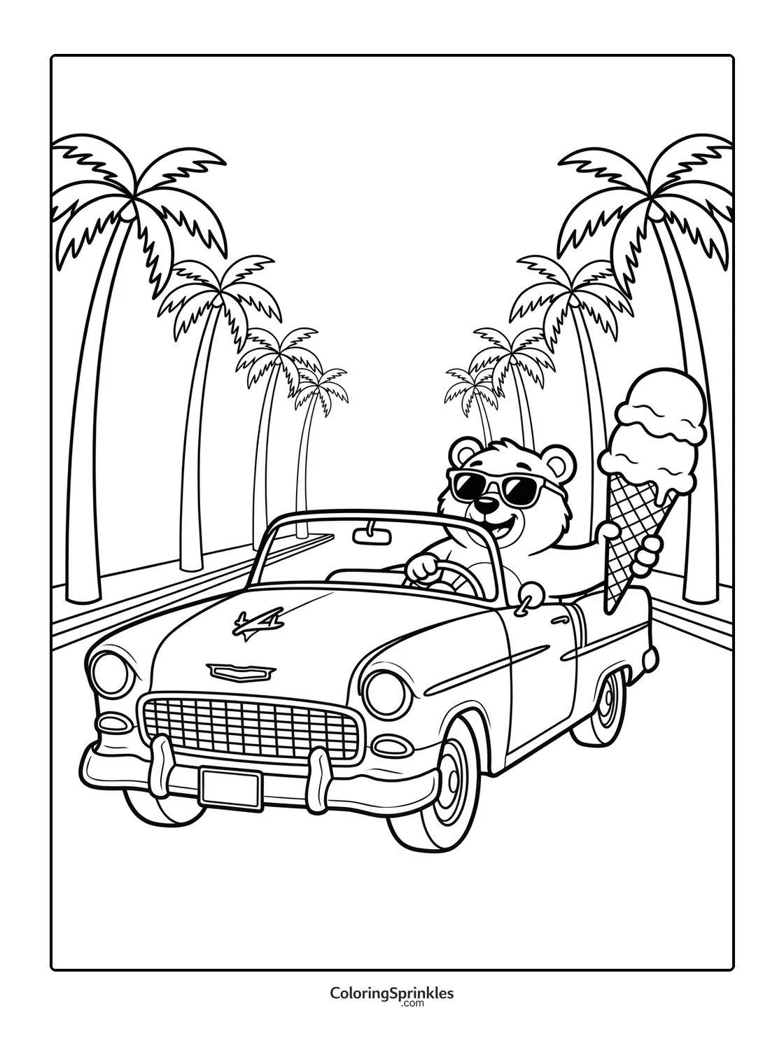 Coloring page of a bear driving a convertible car holding an ice cream cone with palm trees
