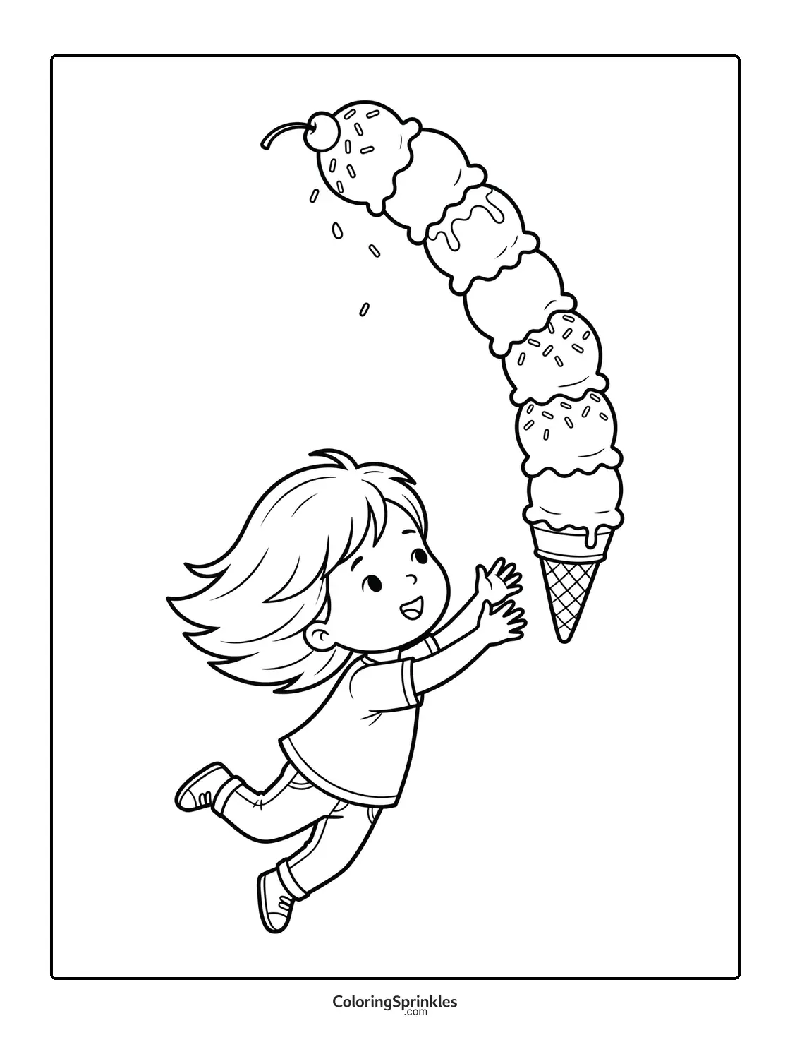 Coloring page of a child catching a tall ice cream cone