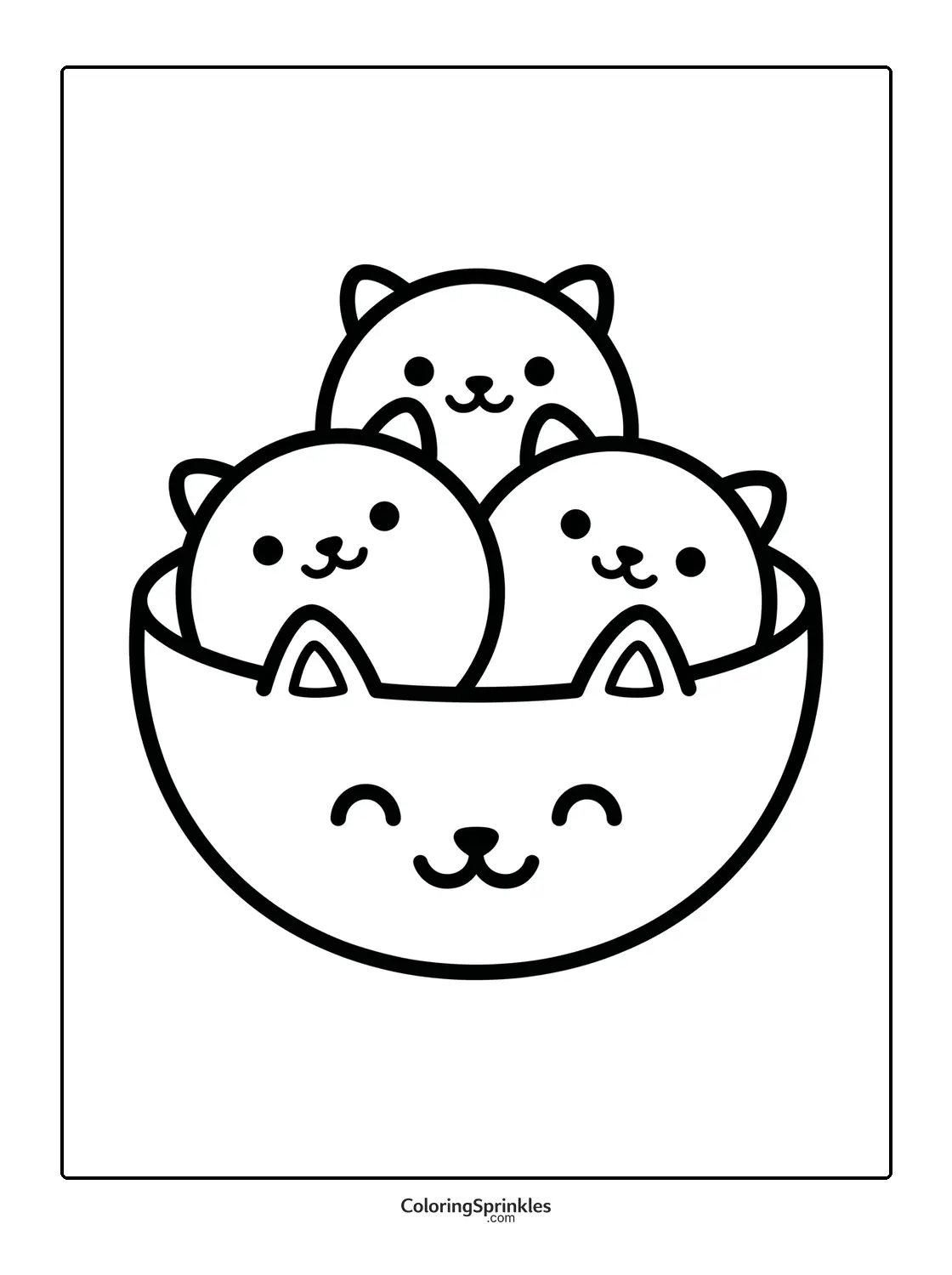 Coloring page of a cute cat bowl holding three smiling cats