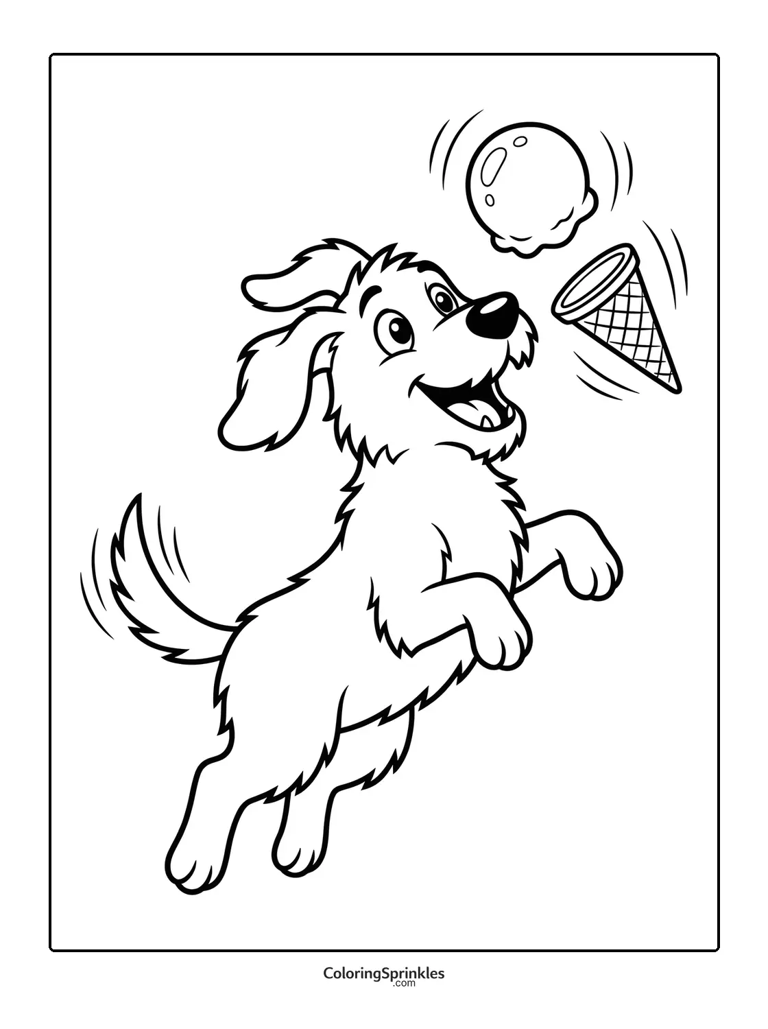 Coloring page of a happy dog catching an ice cream cone