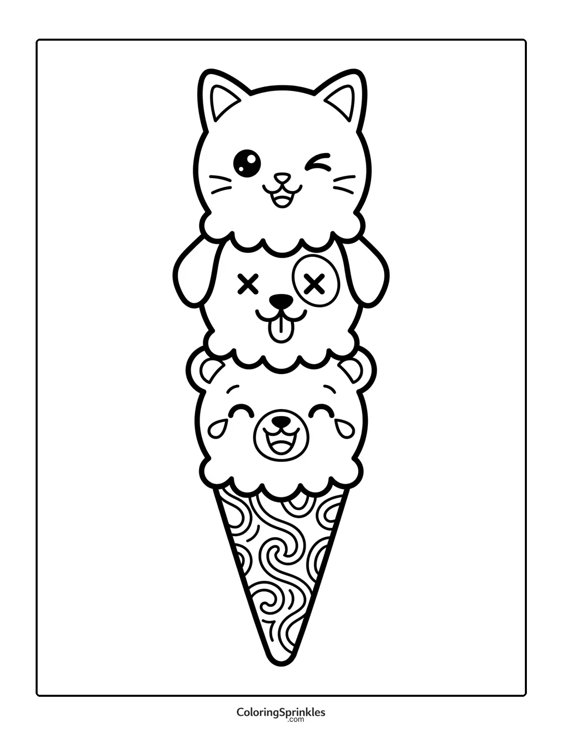 Coloring page of an ice cream cone with three animal faces scoops