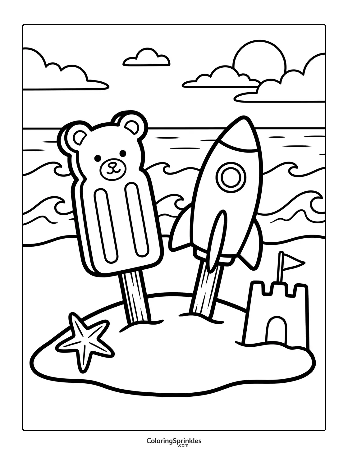 Coloring page of bear and rocket shaped ice creams in sand with a sandcastle at the beach