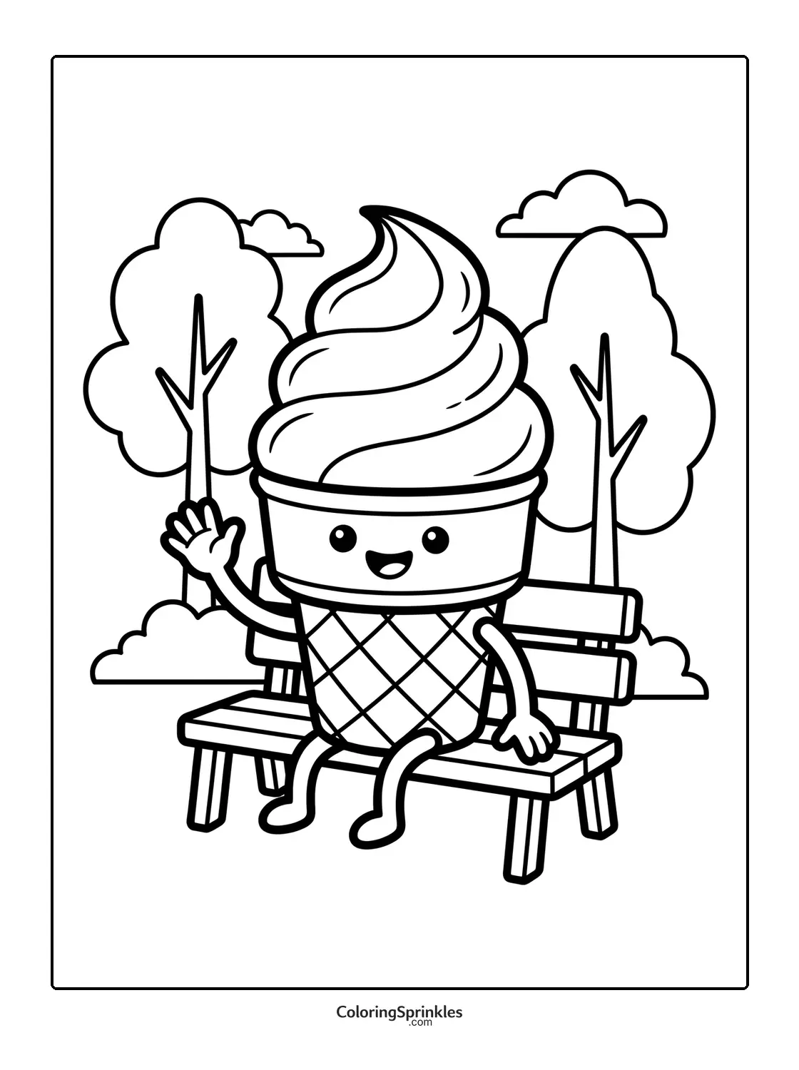 Coloring page of an ice cream character sitting on a bench in a park
