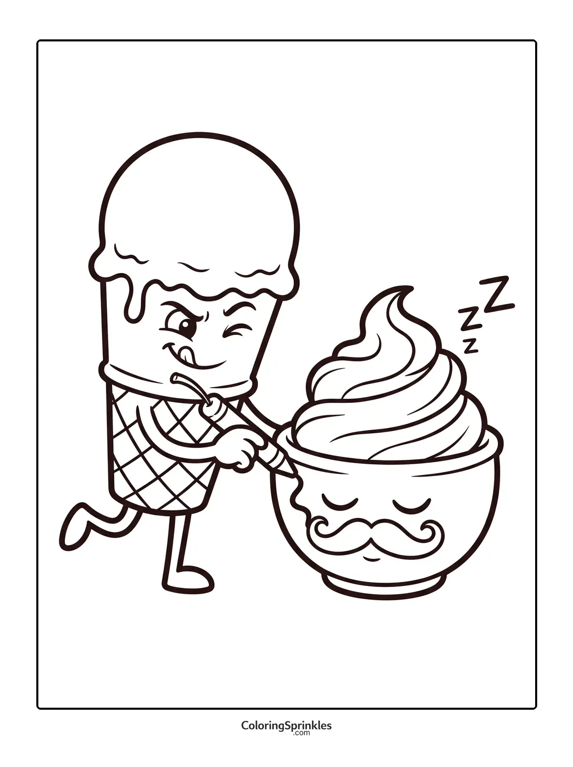 Coloring page of an ice cream cone drawing on a sleeping ice cream bowl with a mustache