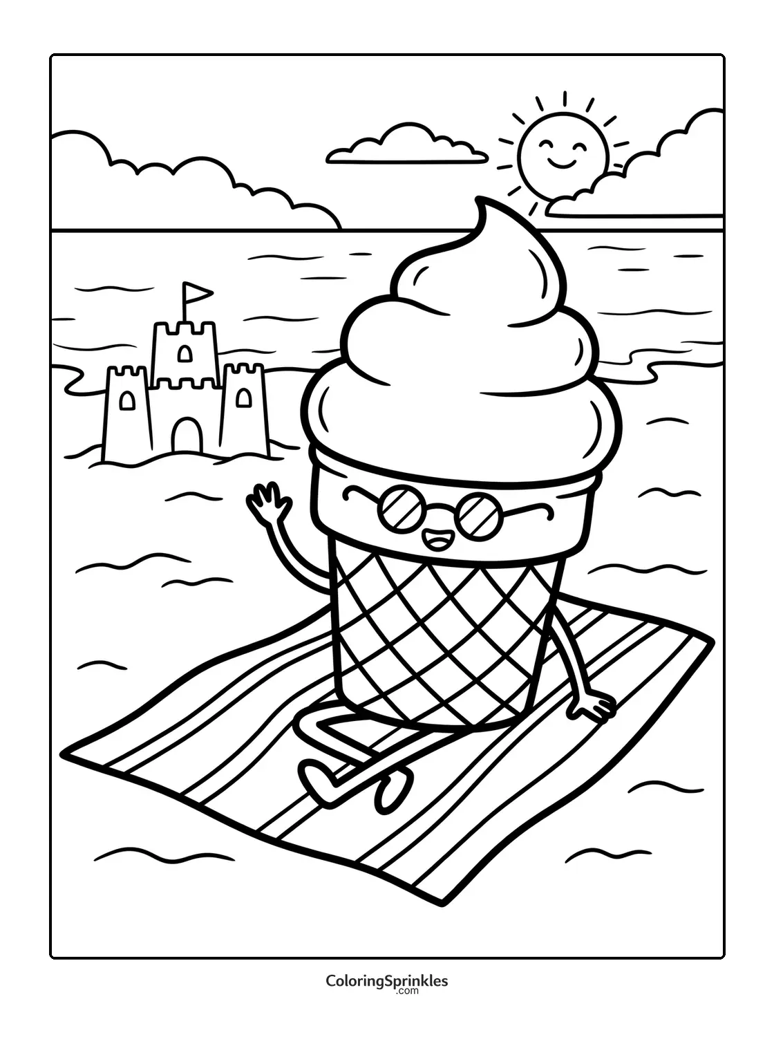 Coloring page of an ice cream cone with sunglasses sitting on a beach towel by the sea with a sandcastle