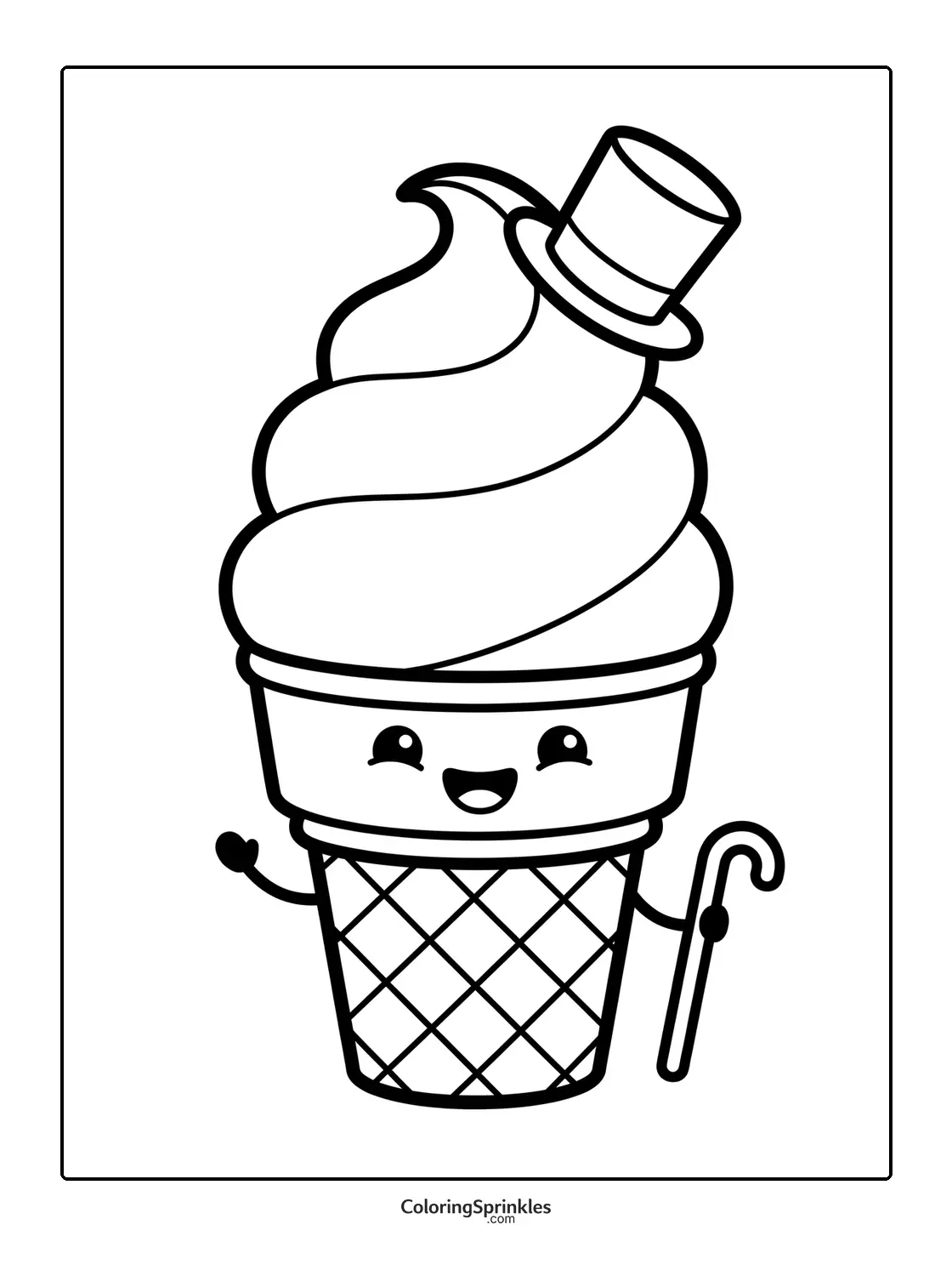 Coloring page of an ice cream cone with a top hat and cane